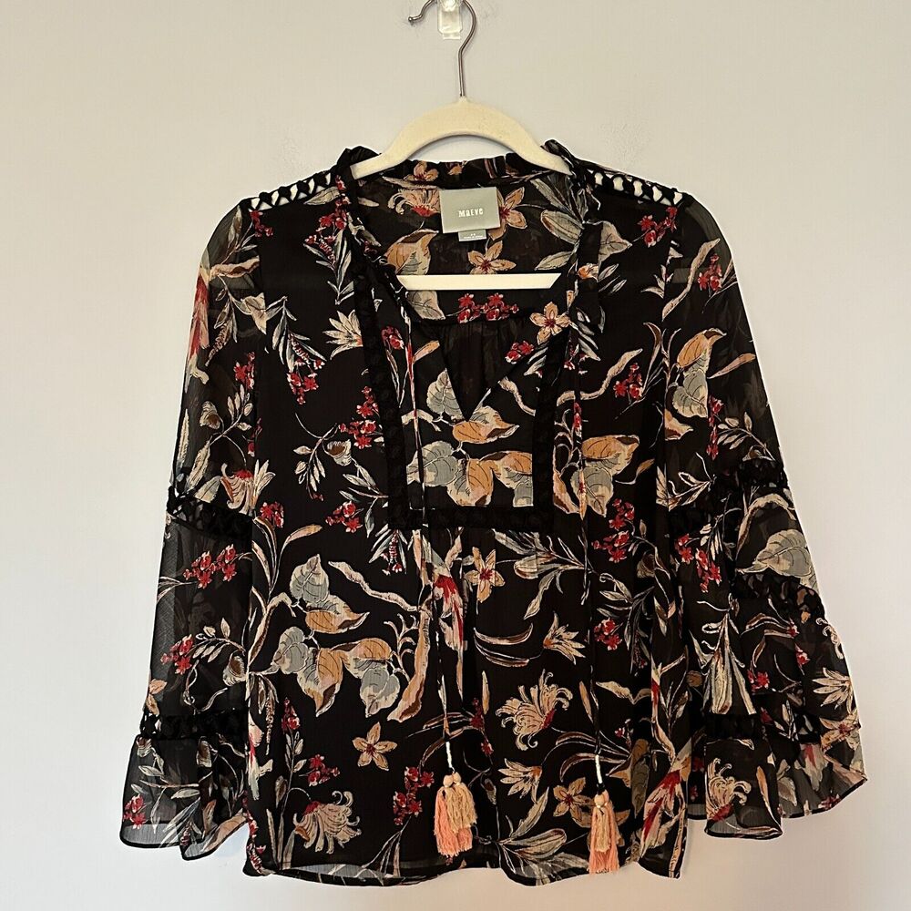 Maeve Anthropologie Odette Peasant Shirt Size XS Bird Black Floral Blouse Boho